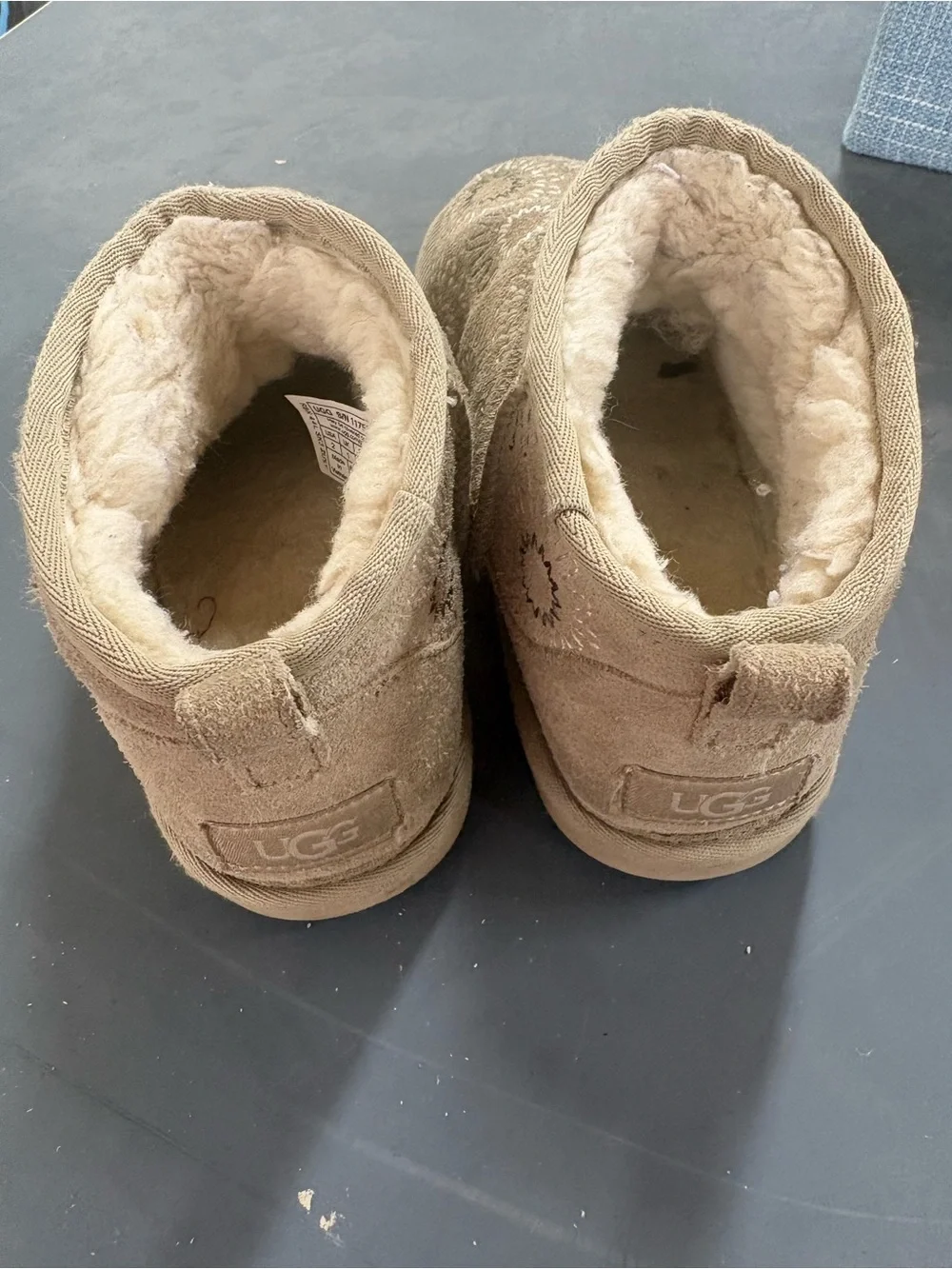 UGG Classic Ultra Mini Sun Stitched Tan Suede Embroidered Short Boot Size 2